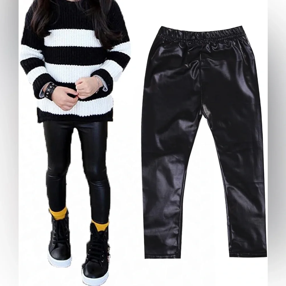 (A9) Shein Girls Kids Black Faux Leather Fashion Joggers‎ Pants Leggings 4Y